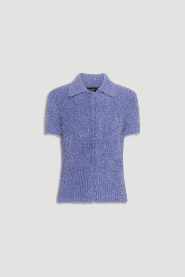 Rosie Fluffy Knit Polo Tee in soft steel blue with short sleeves and a cozy, textured knit by DECJUBA.