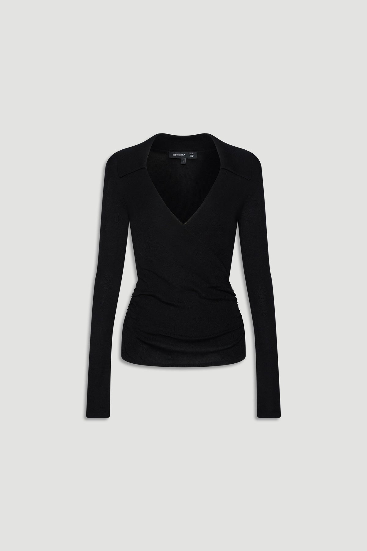 Black fine knit top with a crossover V-neckline and ruched waist, designed for sleek everyday style.