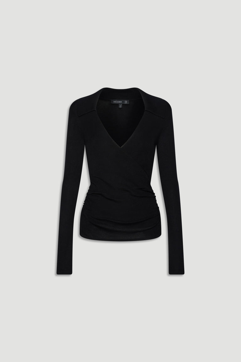 Black fine knit top with a crossover V-neckline and ruched waist, designed for sleek everyday style.