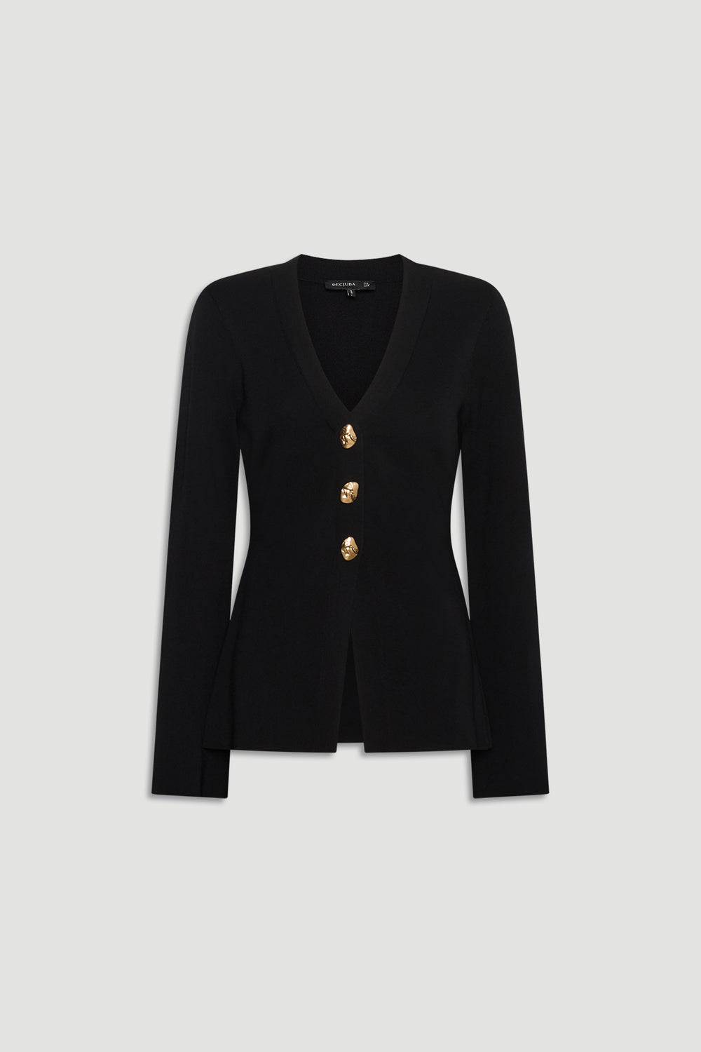 Black fitted knit cardigan with long sleeves, deep V-neck, and three decorative gold buttons down front