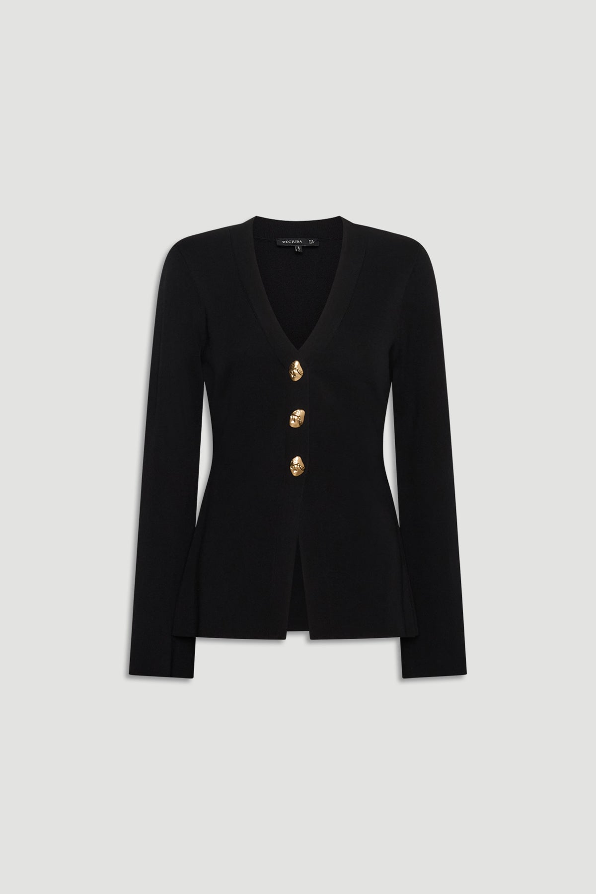 Black fitted knit cardigan with long sleeves, deep V-neck, and three decorative gold buttons down front