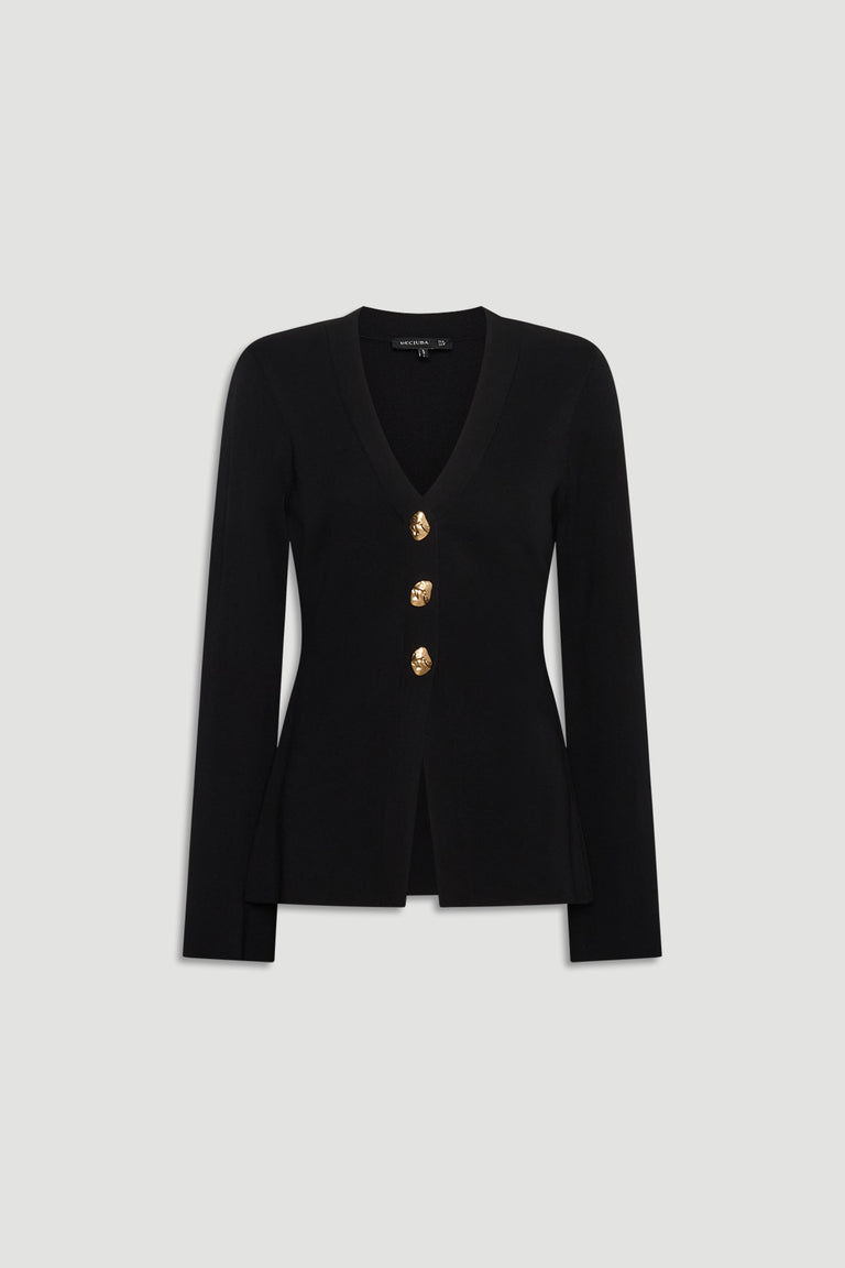 Black fitted knit cardigan with long sleeves, deep V-neck, and three decorative gold buttons down front