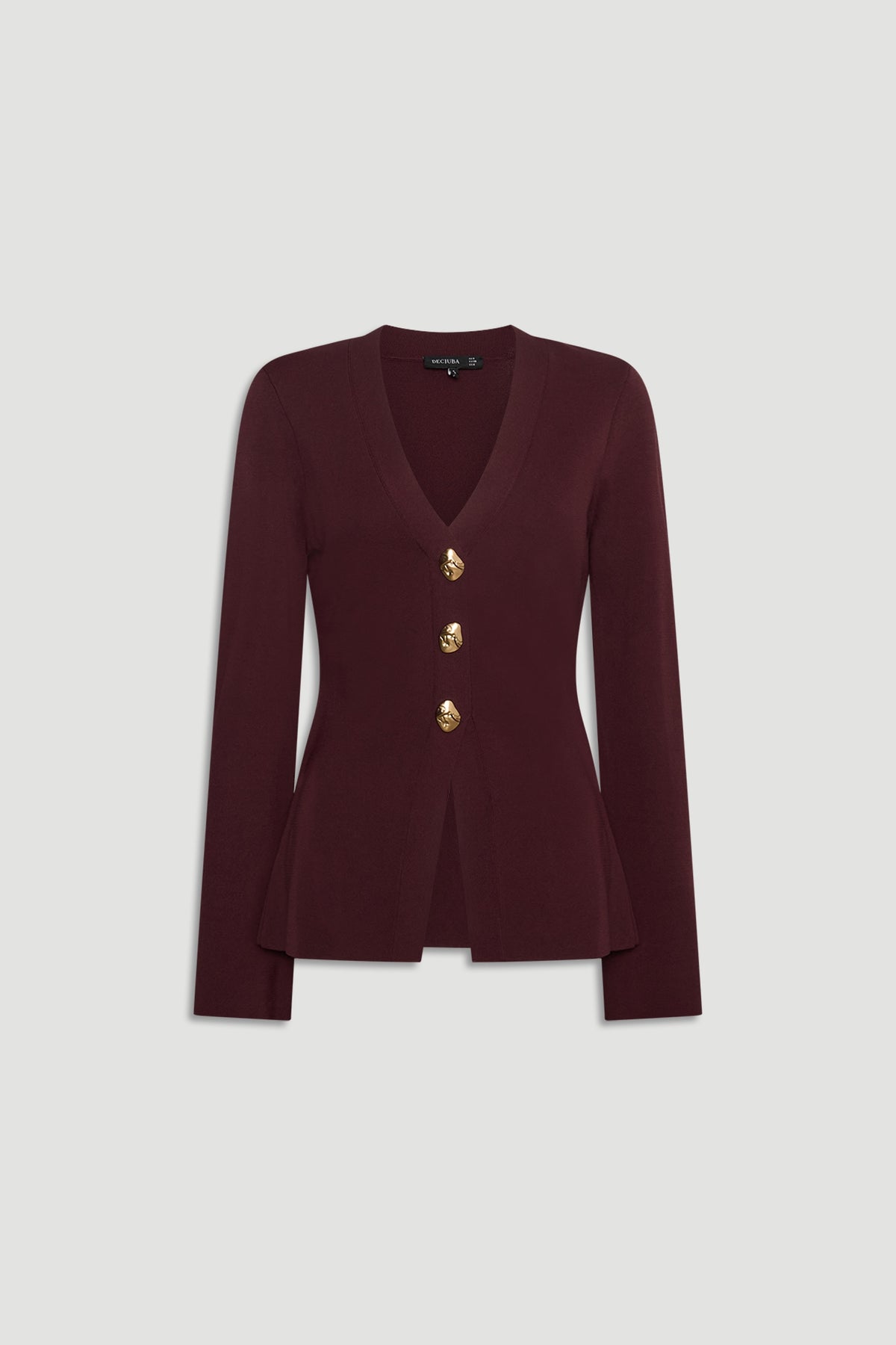 Burgundy longline knit cardigan with a deep V-neck and three decorative gold buttons for a tailored look.