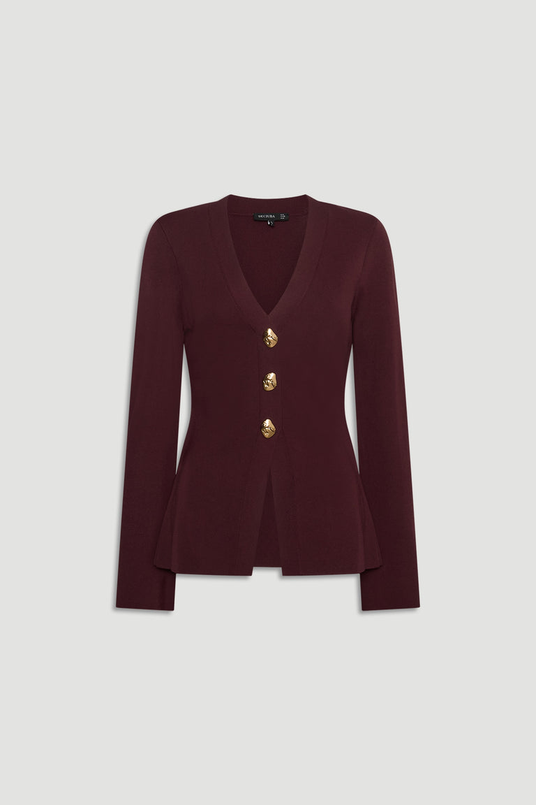 Burgundy longline knit cardigan with a deep V-neck and three decorative gold buttons for a tailored look.