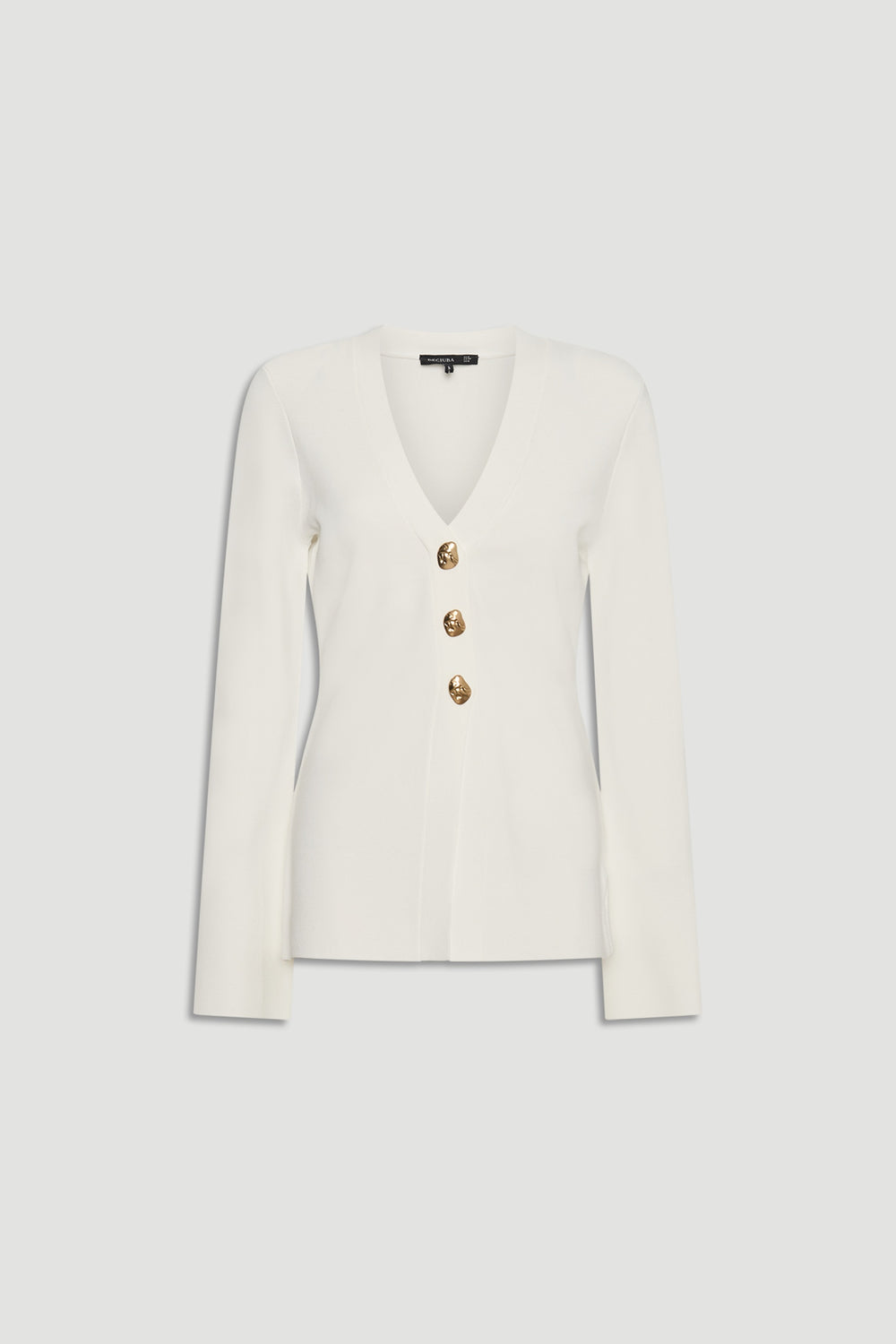 Ivory long-sleeve knit cardigan with a deep V-neck and three gold-tone buttons for a refined look