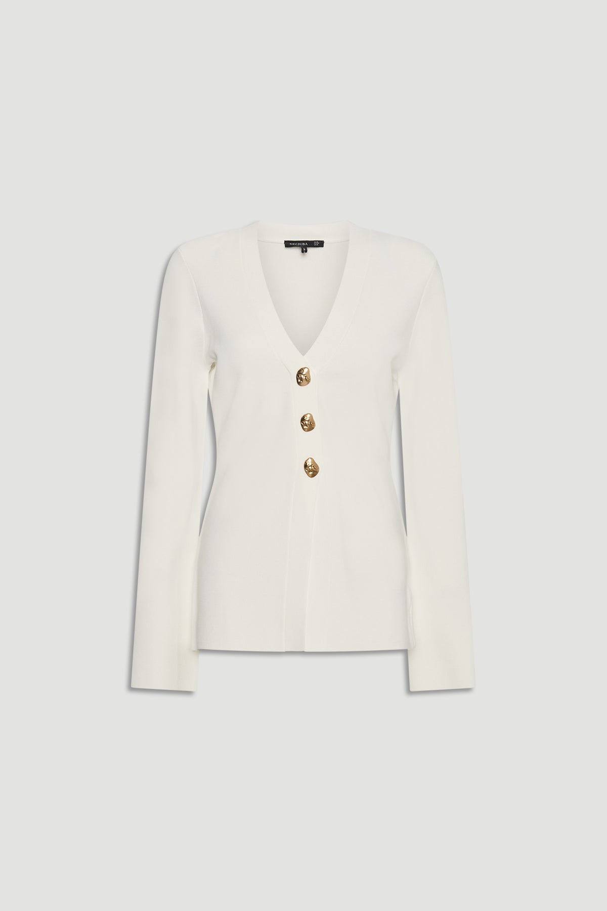 Ivory long-sleeve knit cardigan with a deep V-neck and three gold-tone buttons for a refined look