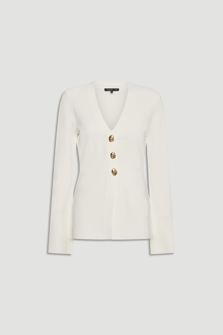 Ivory long-sleeve knit cardigan with a deep V-neck and three gold-tone buttons for a refined look