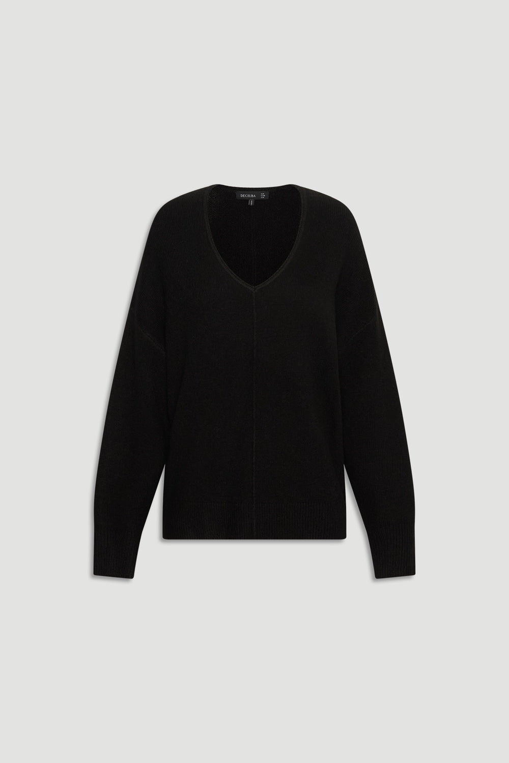 Black knit jumper with subtle seam detail and relaxed fit, featuring a deep V-neck for timeless knitwear style.