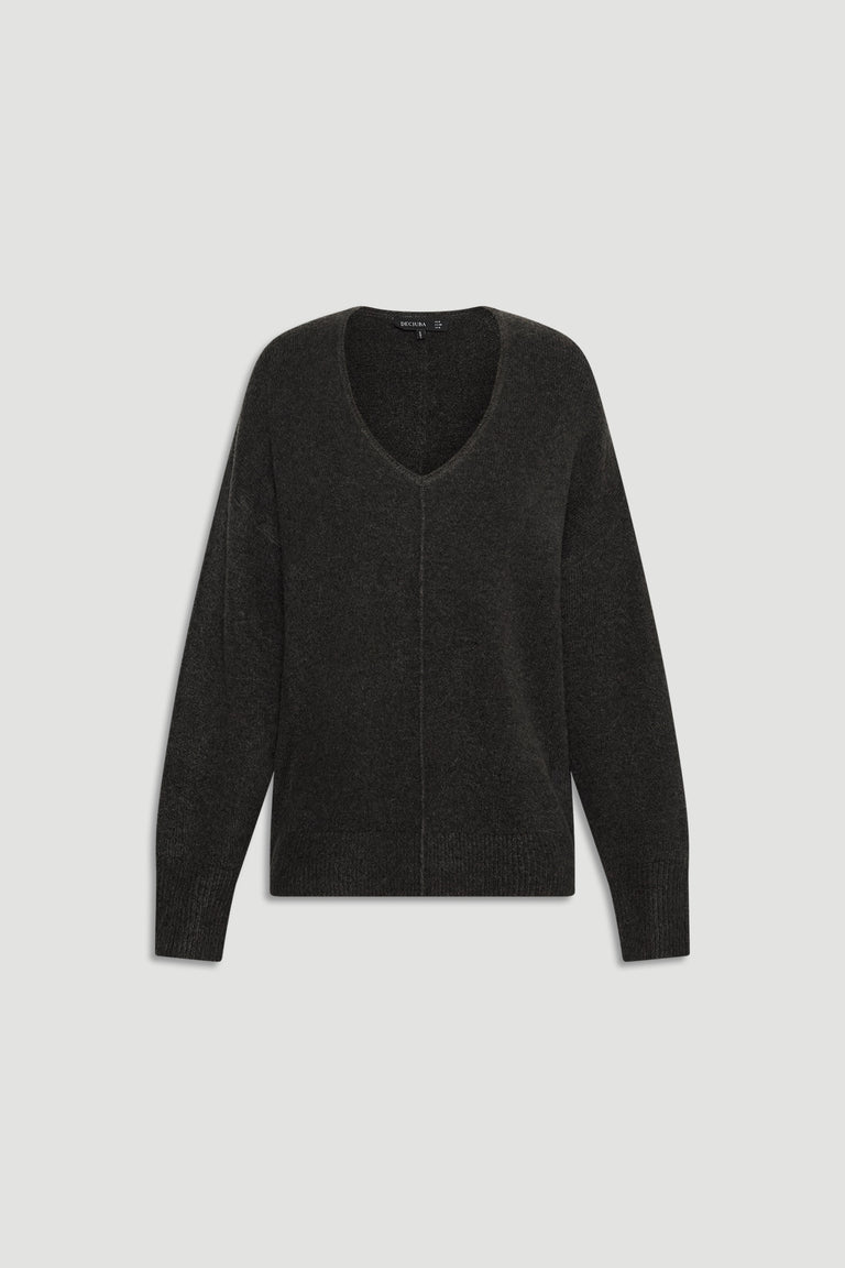 Charcoal knit jumper with a deep V-neck and subtle central seam detail, featuring a relaxed fit and ribbed cuffs.