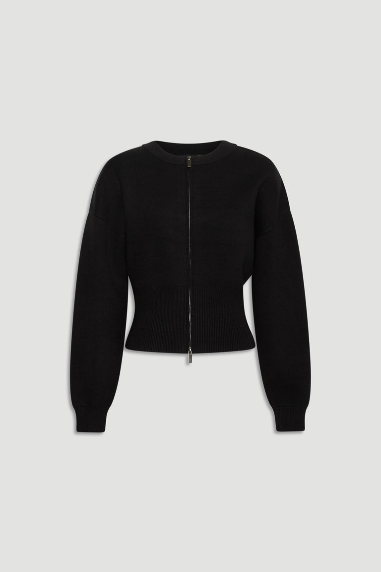 Black knit bomber with a cropped fit, featuring a front zip closure and long balloon sleeves with ribbed cuffs and hem