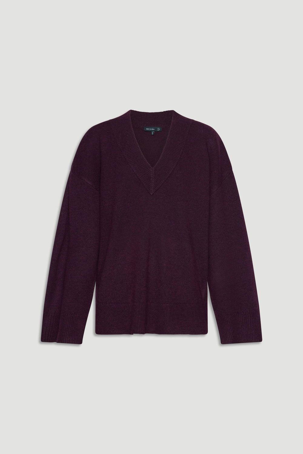 Deep burgundy V-neck knit jumper with relaxed long sleeves and ribbed trims for an easy, stylish layering piece
