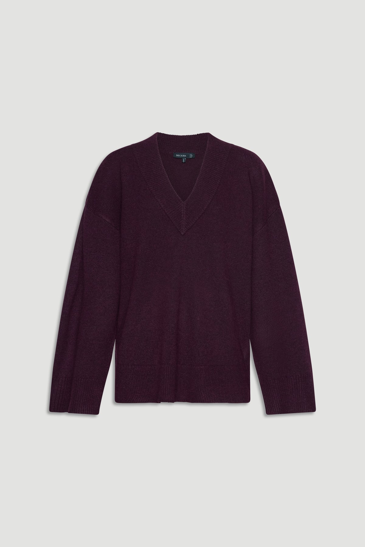Deep burgundy V-neck knit jumper with relaxed long sleeves and ribbed trims for an easy, stylish layering piece
