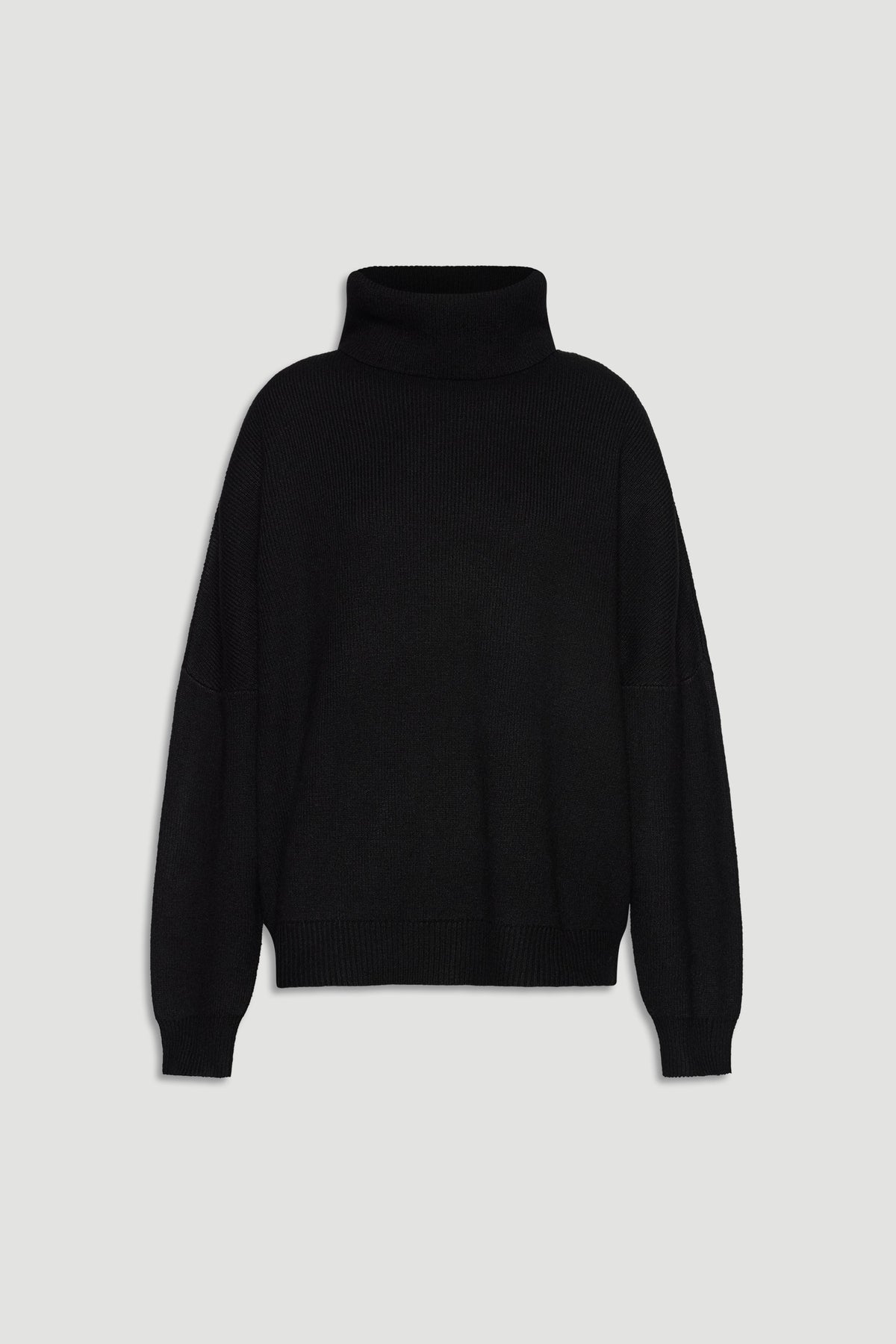 Black roll neck knit jumper with relaxed fit and ribbed cuffs, perfect for effortless, cozy layering.