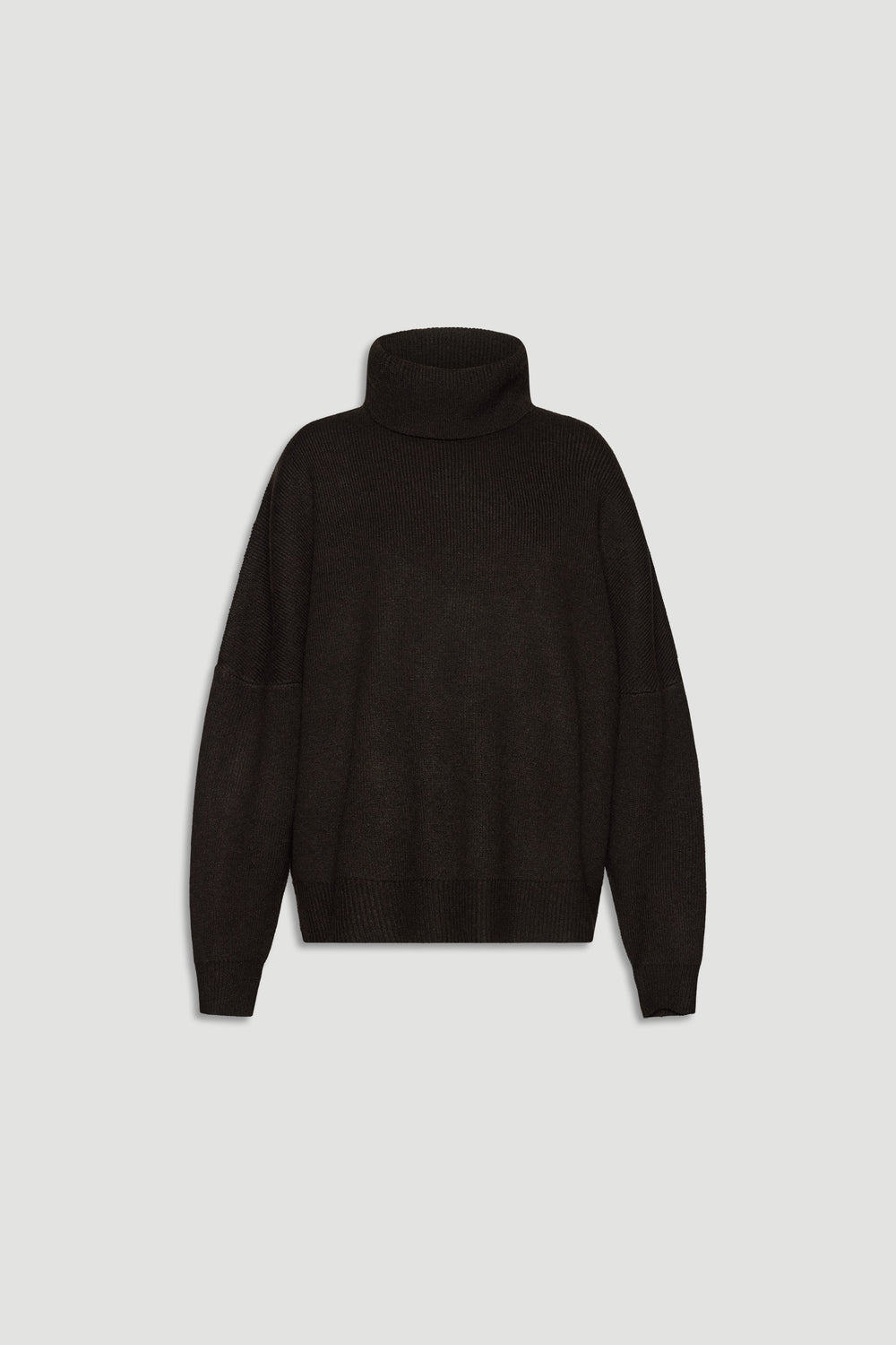 Dark brown roll neck jumper with a relaxed fit and ribbed cuffs for a classic, cozy knitwear look