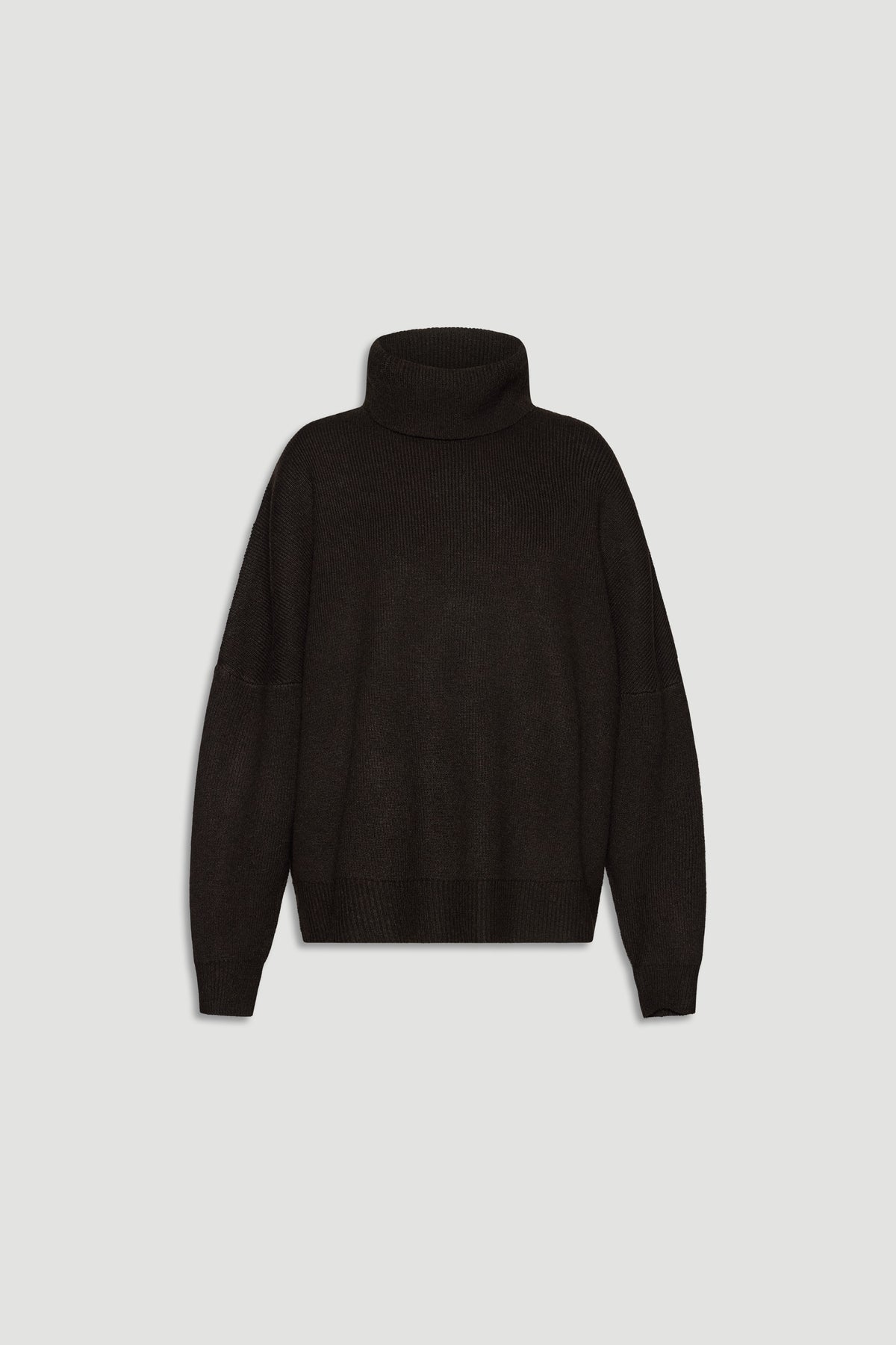Dark brown roll neck jumper with a relaxed fit and ribbed cuffs for a classic, cozy knitwear look