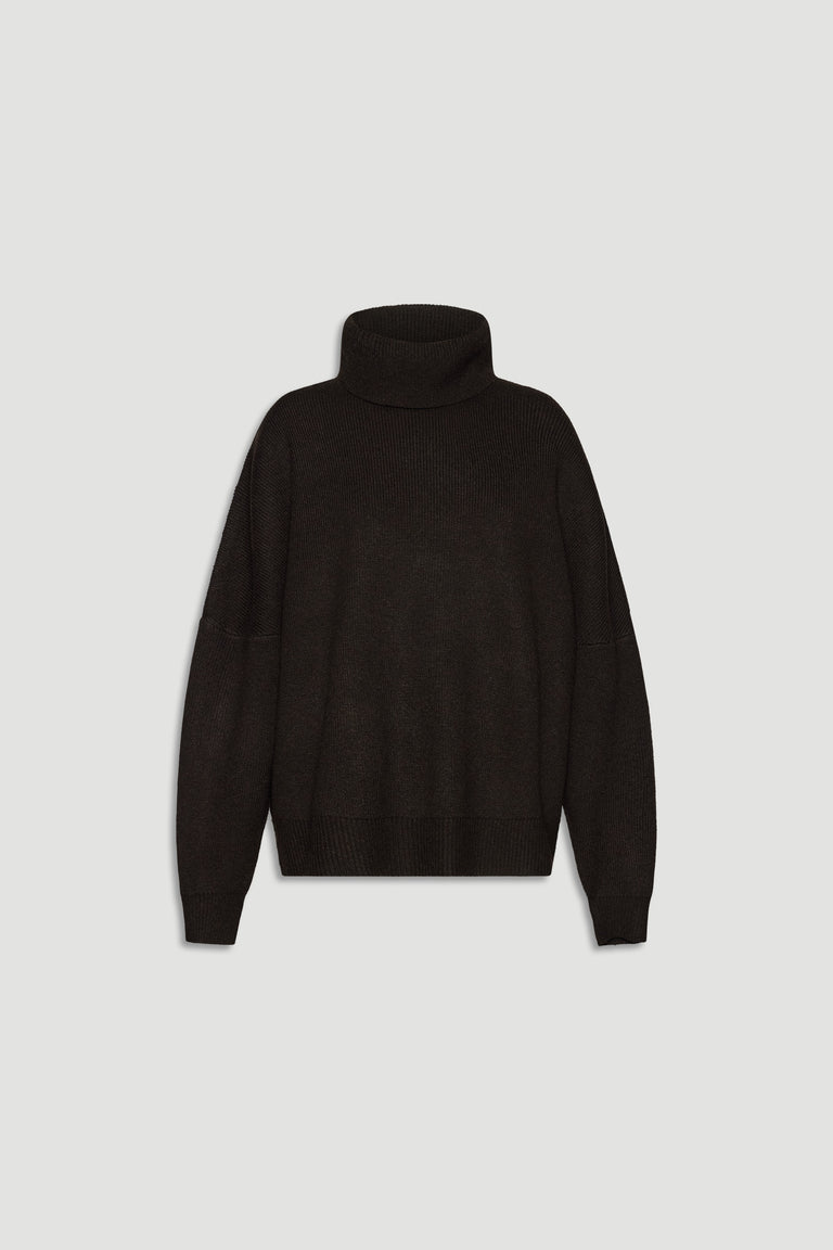 Dark brown roll neck jumper with a relaxed fit and ribbed cuffs for a classic, cozy knitwear look
