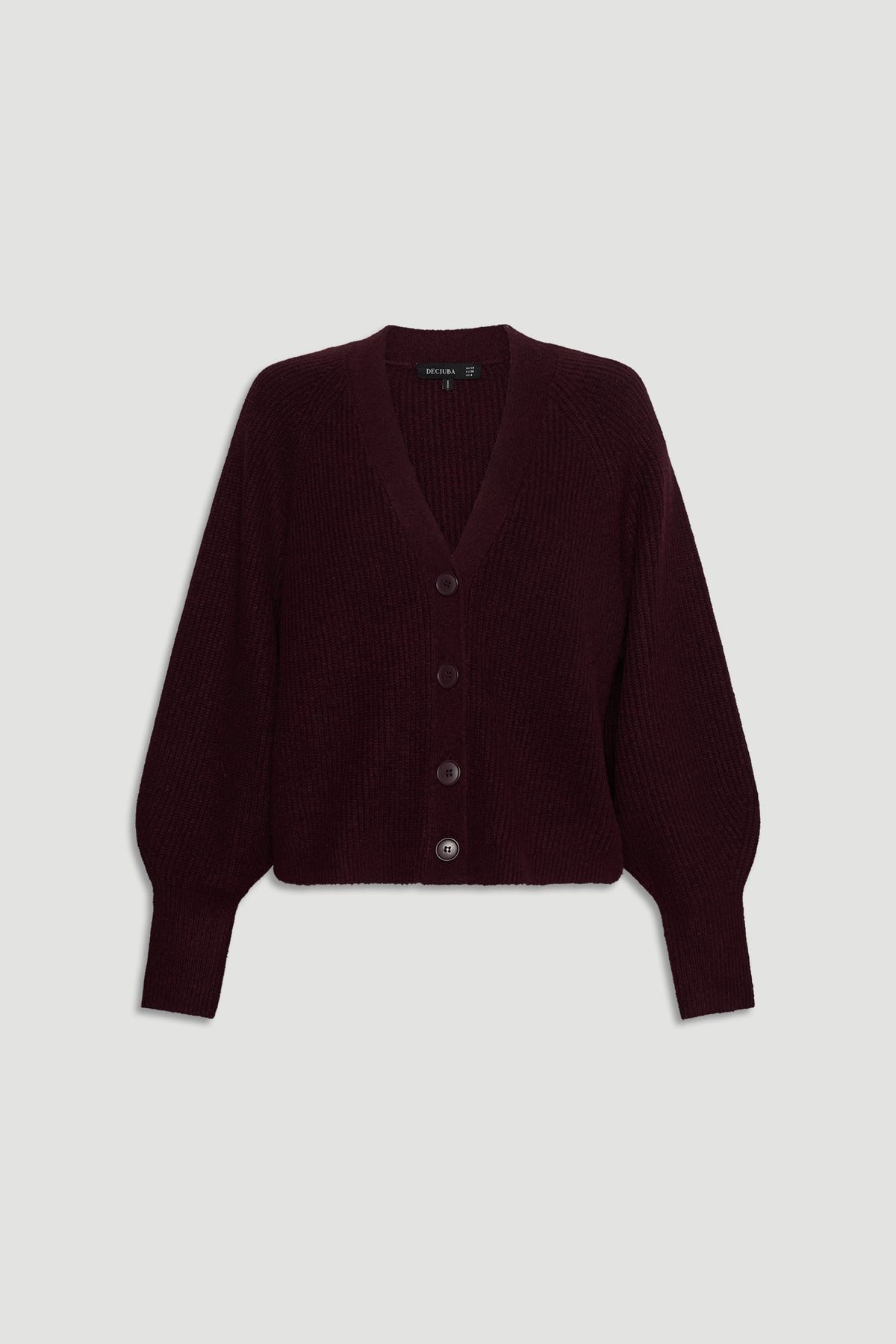 Deep burgundy knit cardigan with a relaxed fit, button front, and long fitted cuffs for versatile layering.