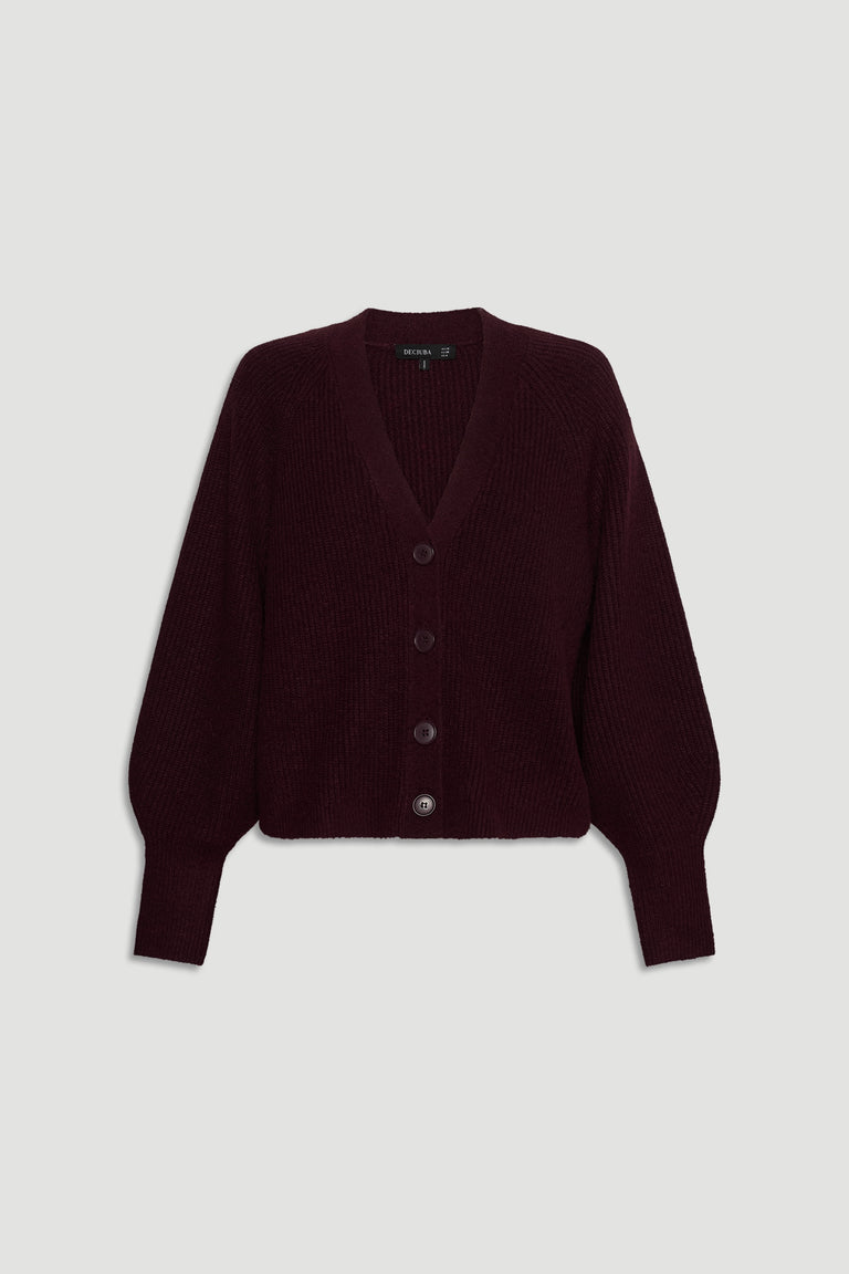 Deep burgundy knit cardigan with a relaxed fit, button front, and long fitted cuffs for versatile layering.