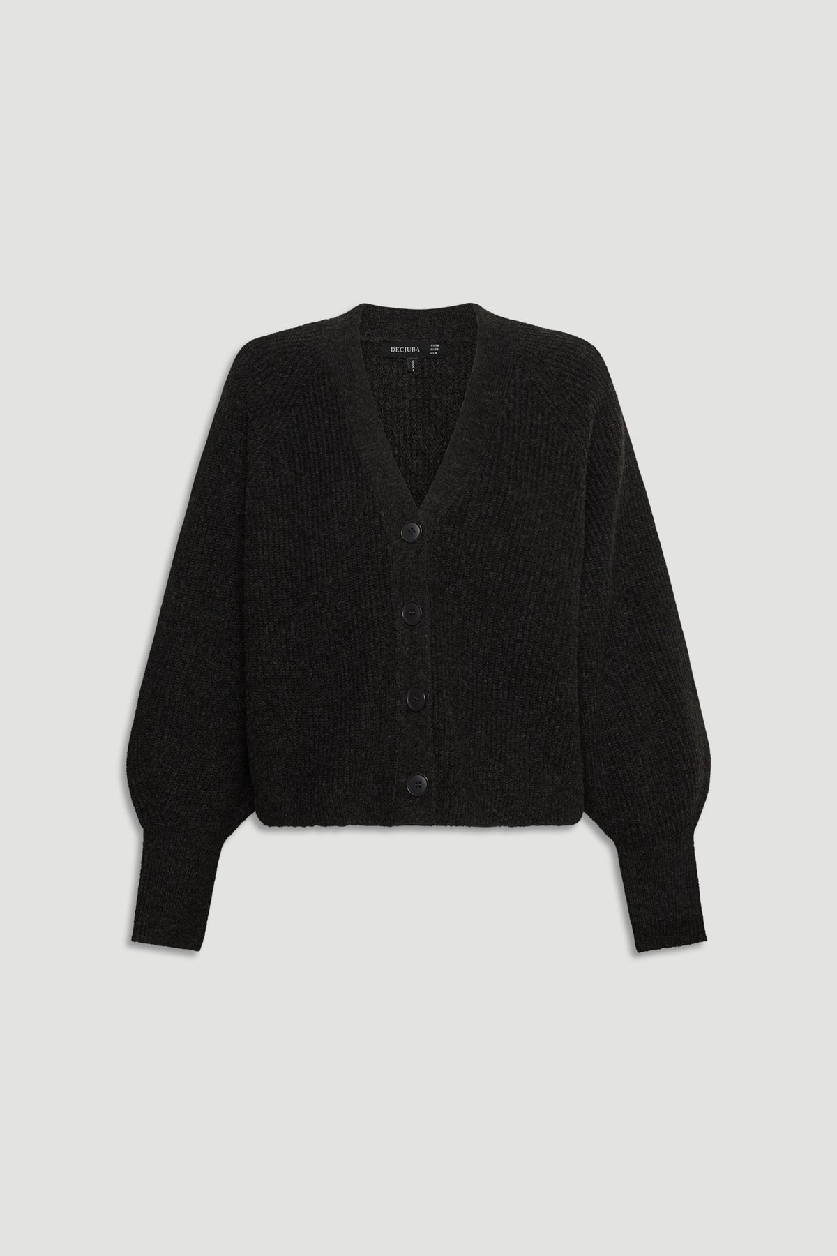 Charcoal knit cardigan with balloon sleeves and button front for a cozy, versatile layering piece.