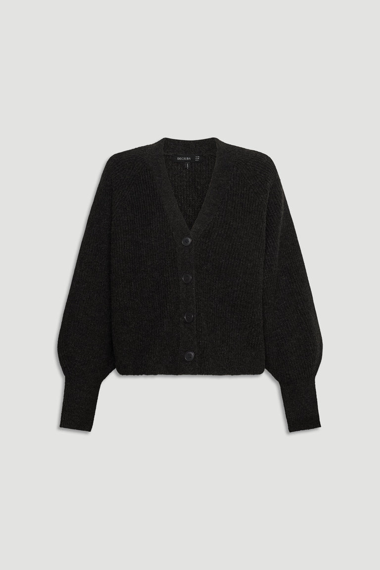 Charcoal knit cardigan with balloon sleeves and button front for a cozy, versatile layering piece.