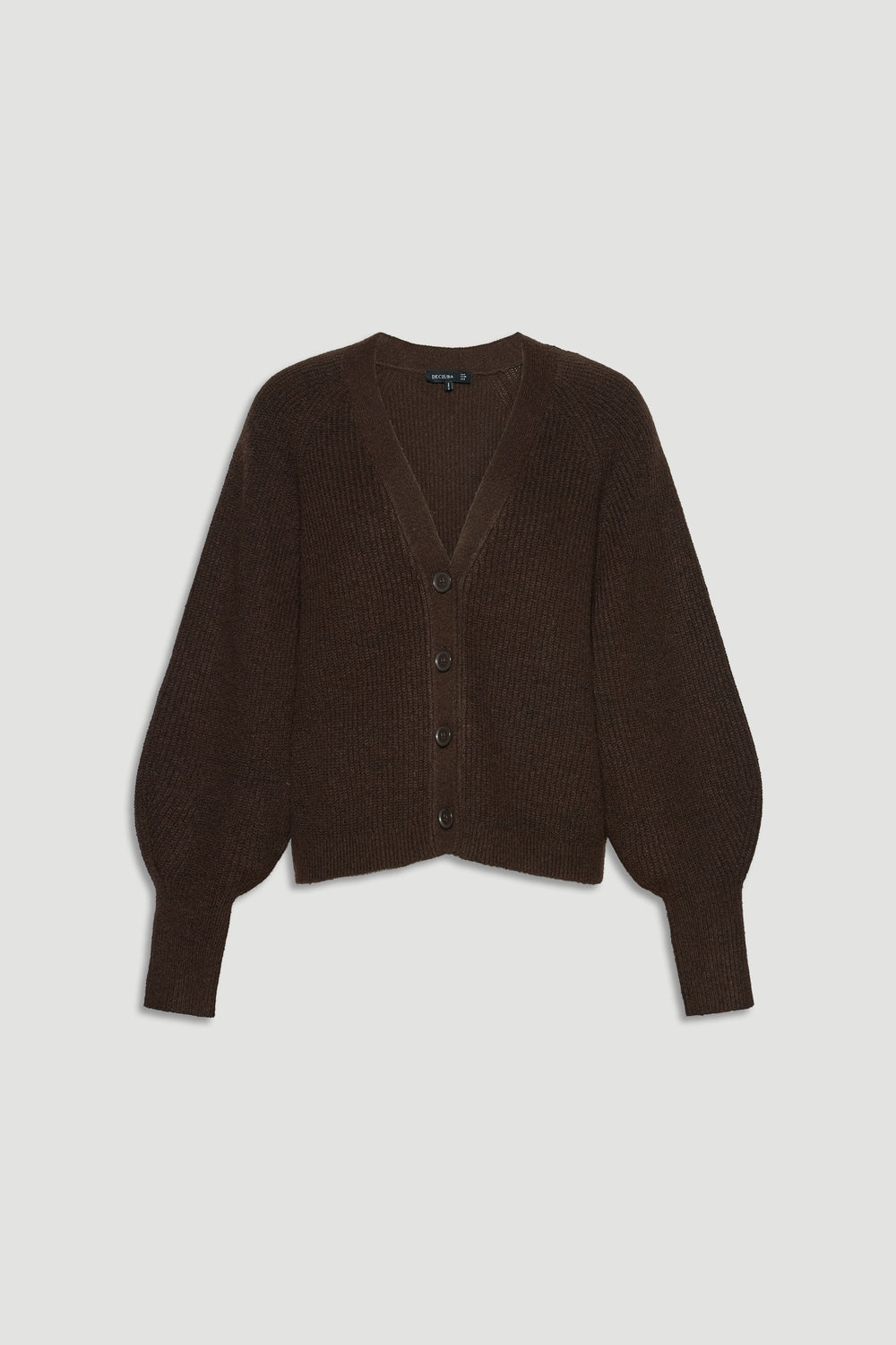 Dark brown knit cardigan with button front and voluminous sleeves for a cozy, stylish layering piece.