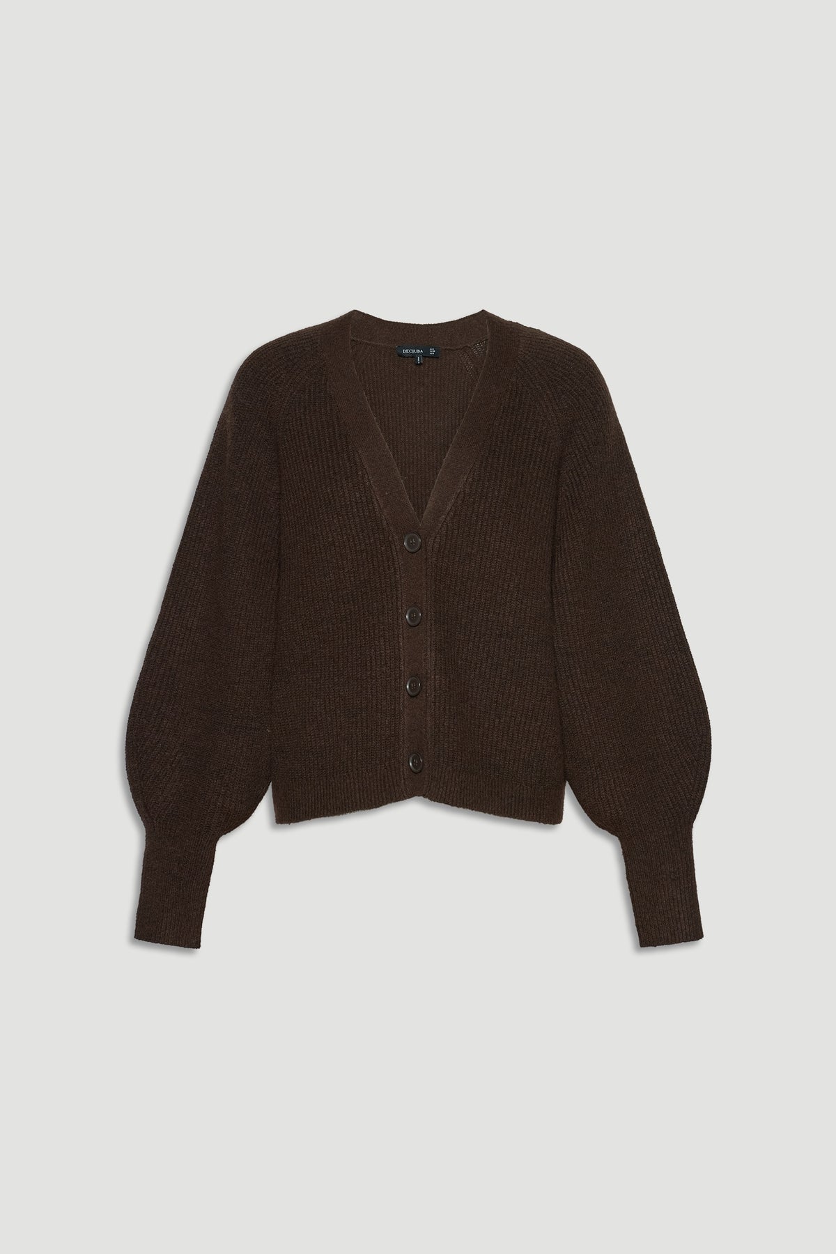 Dark brown knit cardigan with button front and voluminous sleeves for a cozy, stylish layering piece.