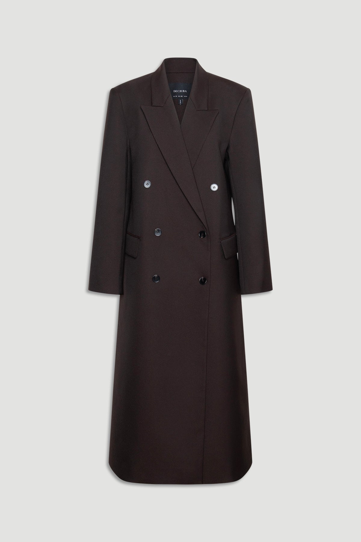 Ella Blazer Coat in deep brown with double-breasted buttons and sharp tailored lapels for a sleek, polished look.
