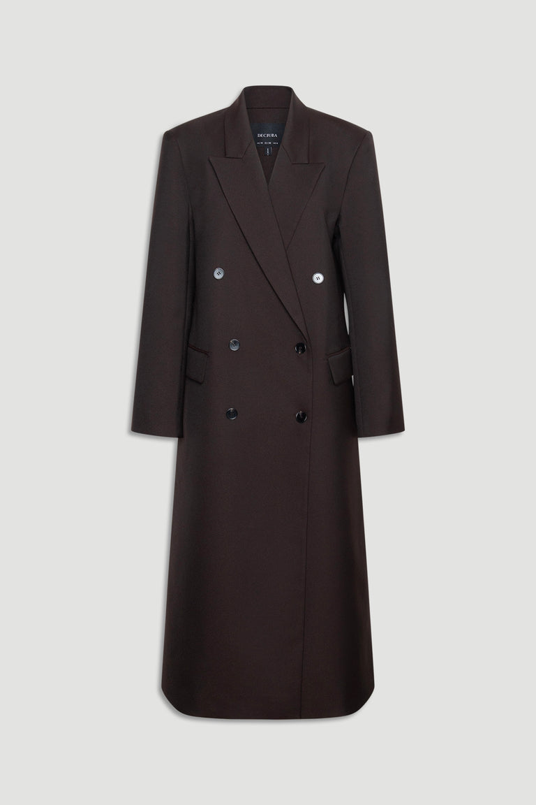 Ella Blazer Coat in deep brown with double-breasted buttons and sharp tailored lapels for a sleek, polished look.