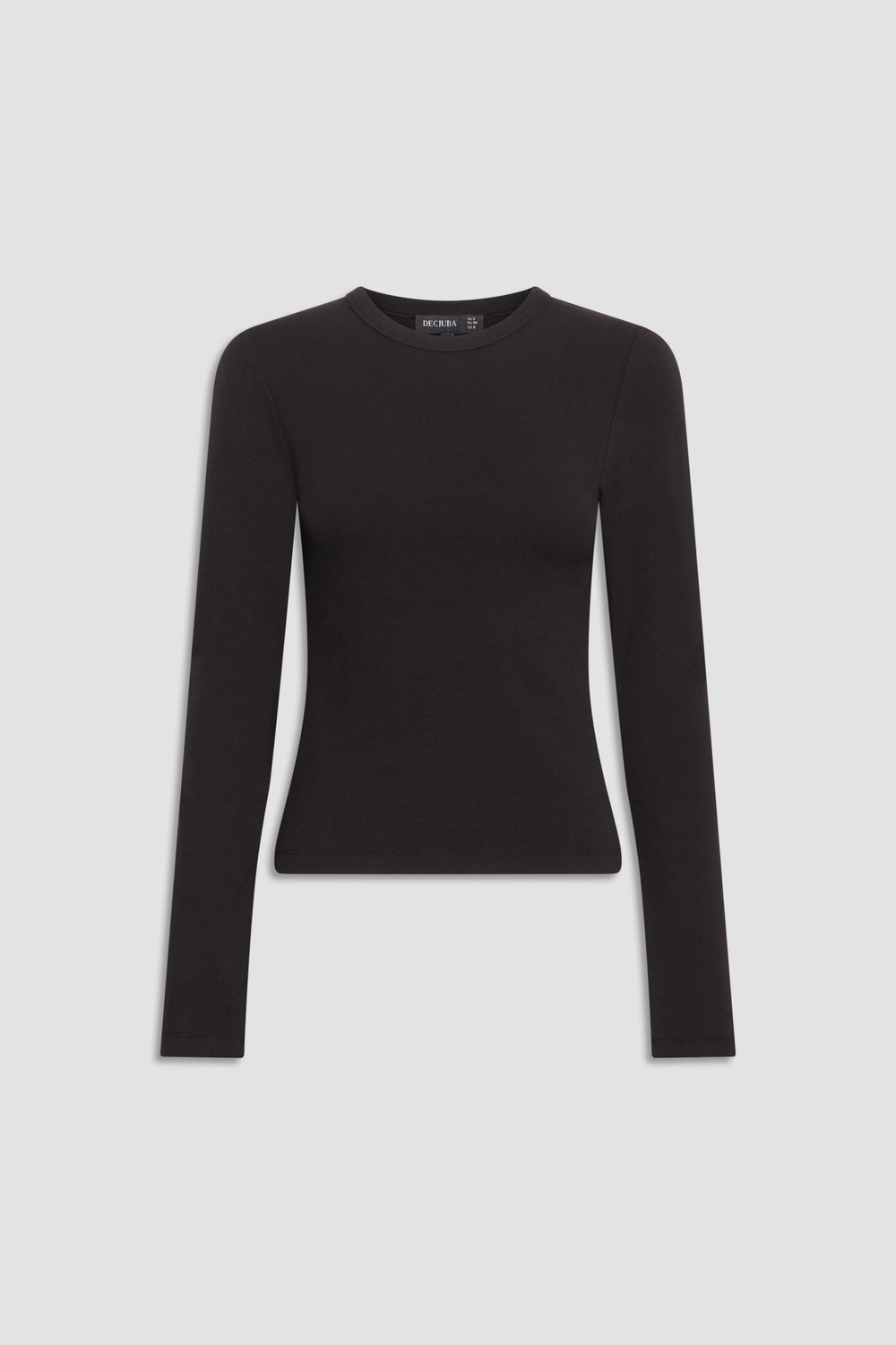 Black long-sleeve fitted top with a crew neckline and simple, sleek design on a neutral background