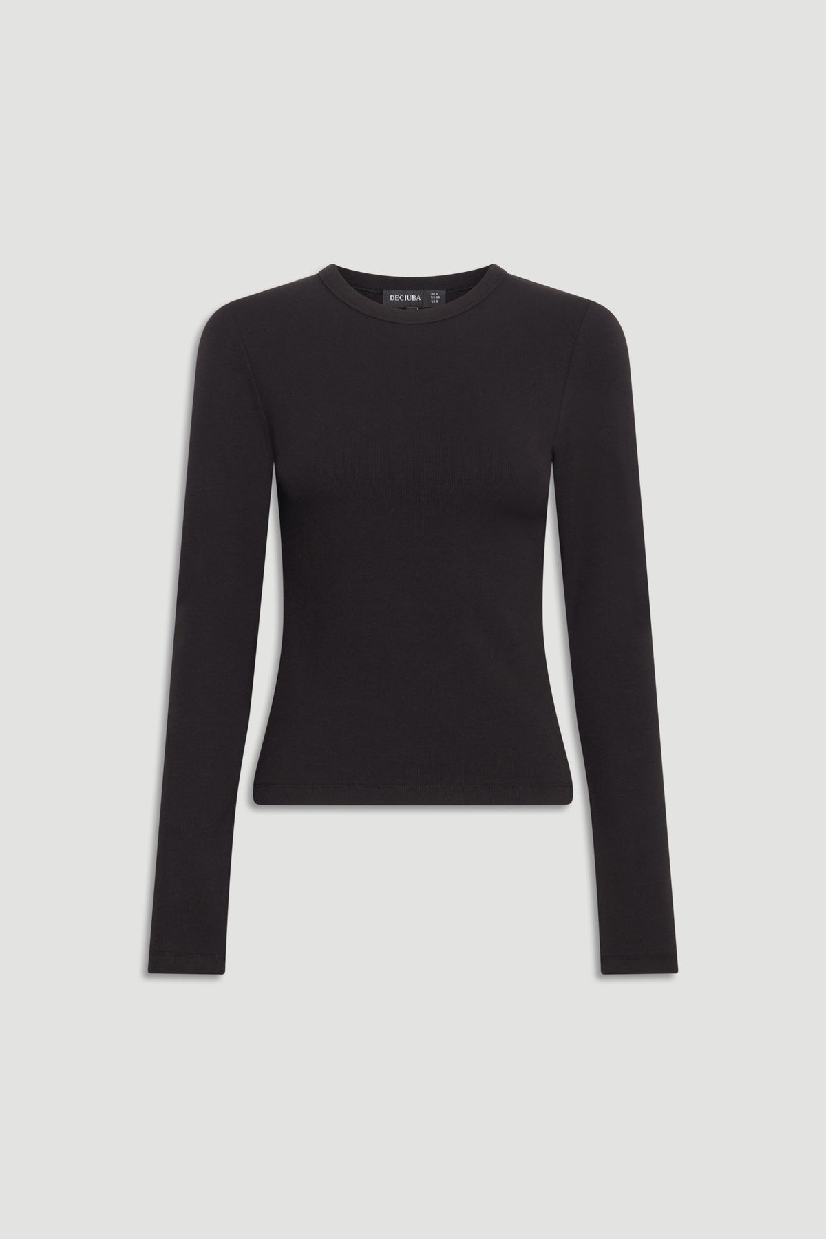 Black long-sleeve fitted top with a crew neckline and simple, sleek design on a neutral background