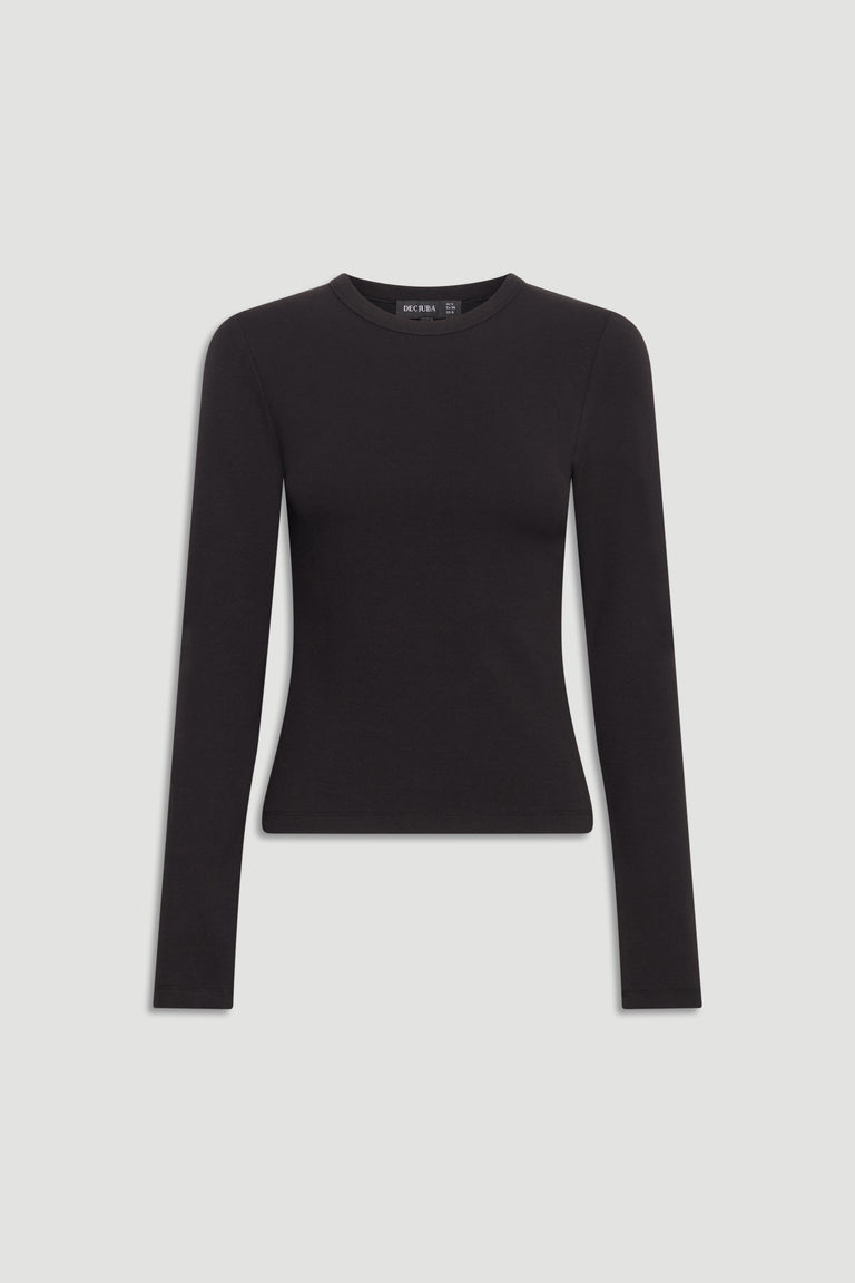 Black long-sleeve fitted top with a crew neckline and simple, sleek design on a neutral background