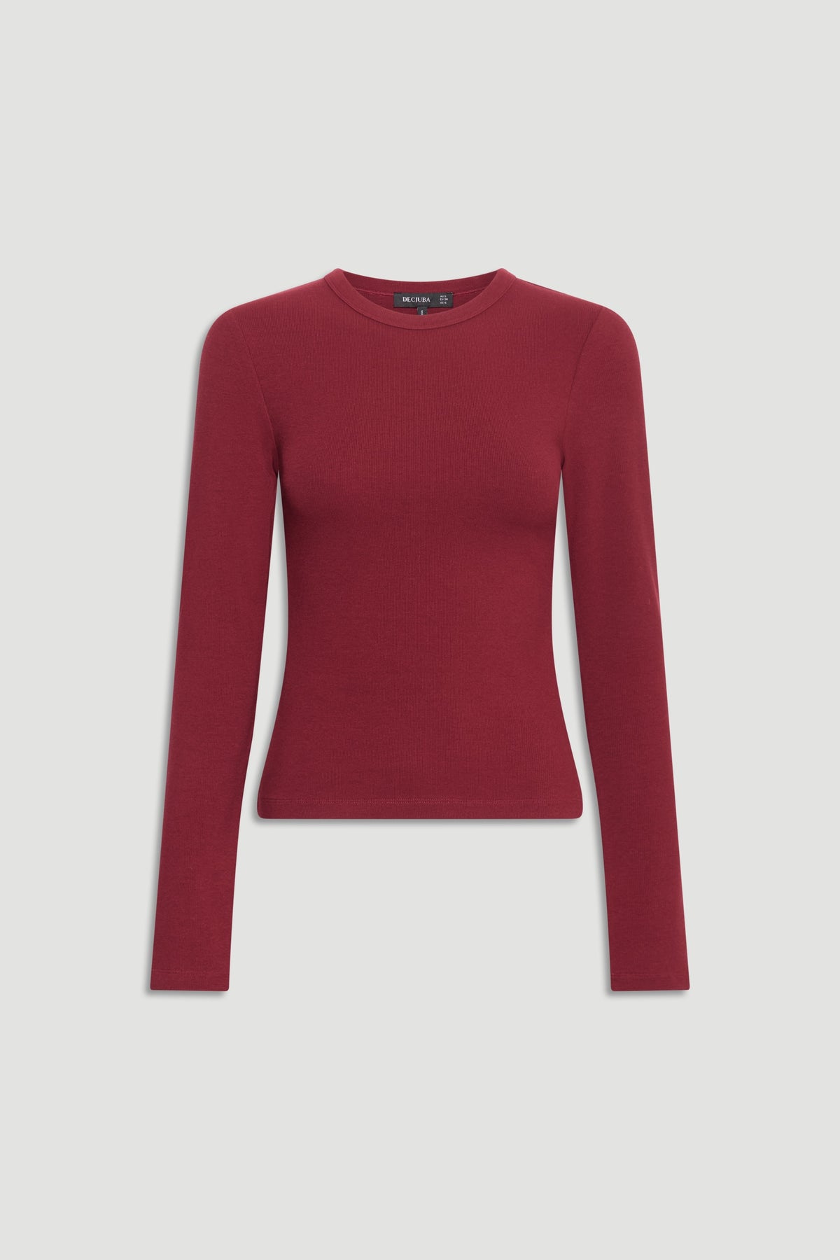 Fitted ruby red long sleeve top with a crew neckline and clean, minimalist design for everyday wear