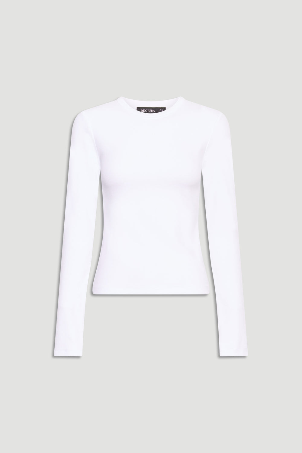 White fitted long sleeve top with a soft, smooth texture and a classic crew neckline on a neutral background