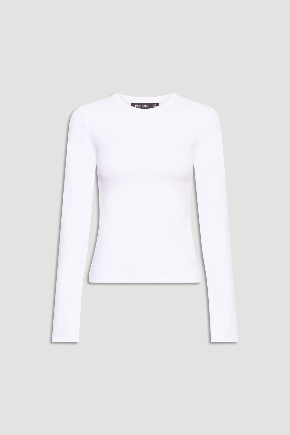 White fitted long sleeve top with a soft, smooth texture and a classic crew neckline on a neutral background