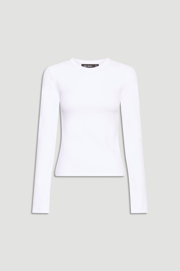 White fitted long sleeve top with a soft, smooth texture and a classic crew neckline on a neutral background