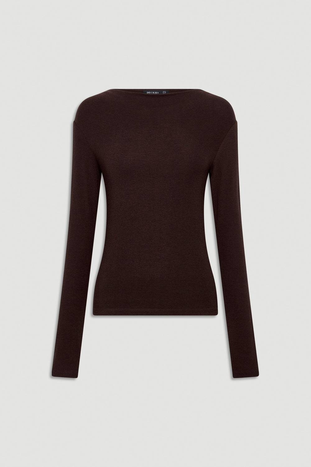 Slim-fit long sleeve top in rich mocha brown with a boat neckline, designed for versatile everyday style.
