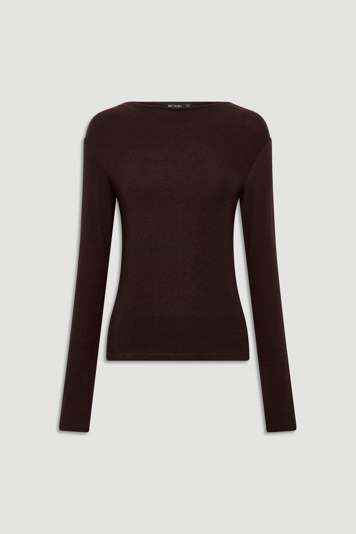 Slim-fit long sleeve top in rich mocha brown with a boat neckline, designed for versatile everyday style.