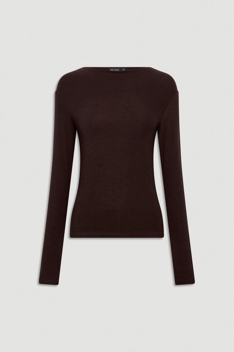 Slim-fit long sleeve top in rich mocha brown with a boat neckline, designed for versatile everyday style.