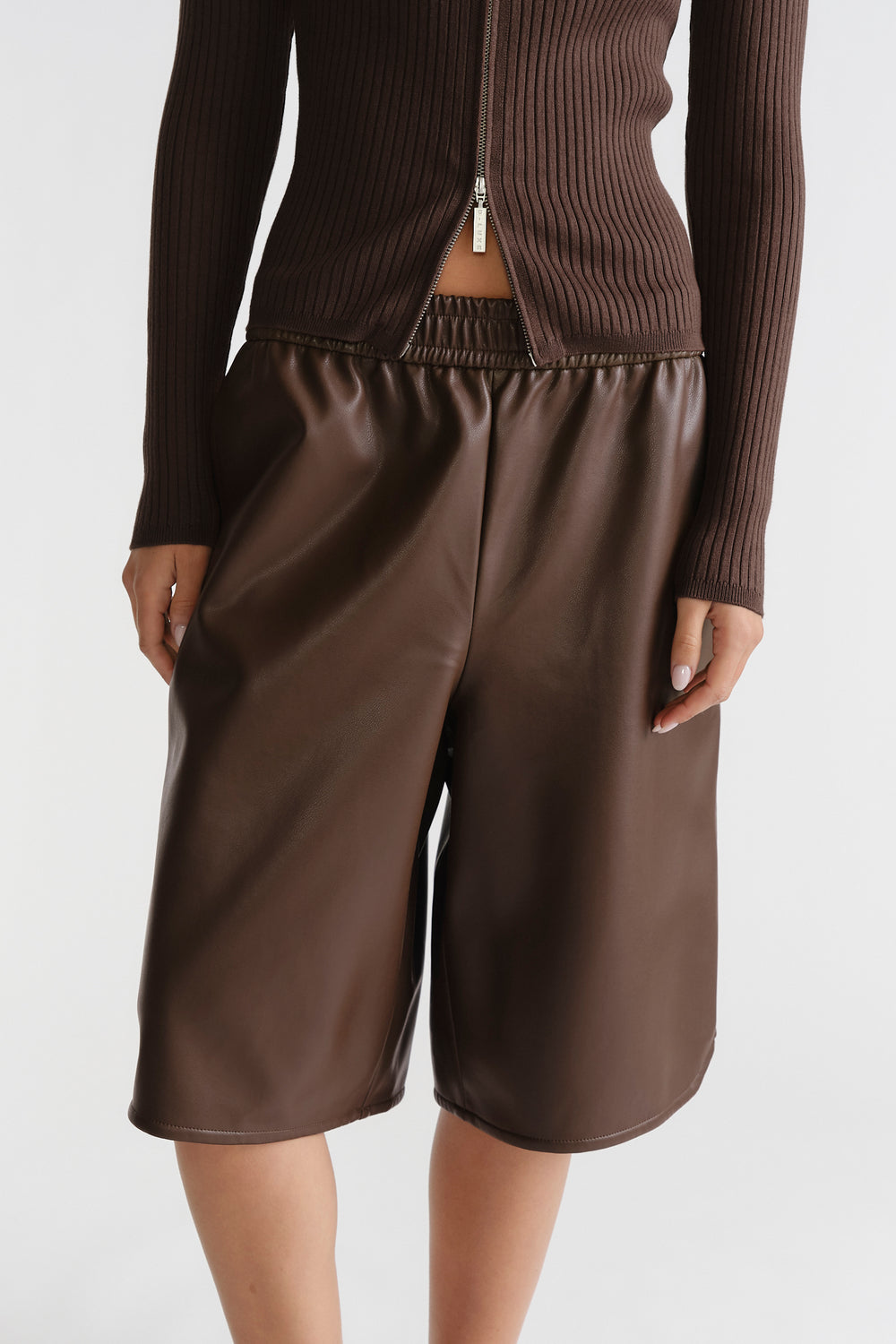 D-Luxe Faux Leather Bermuda in rich chocolate brown with an elastic waistband, crafted by DECJUBA Australian brand