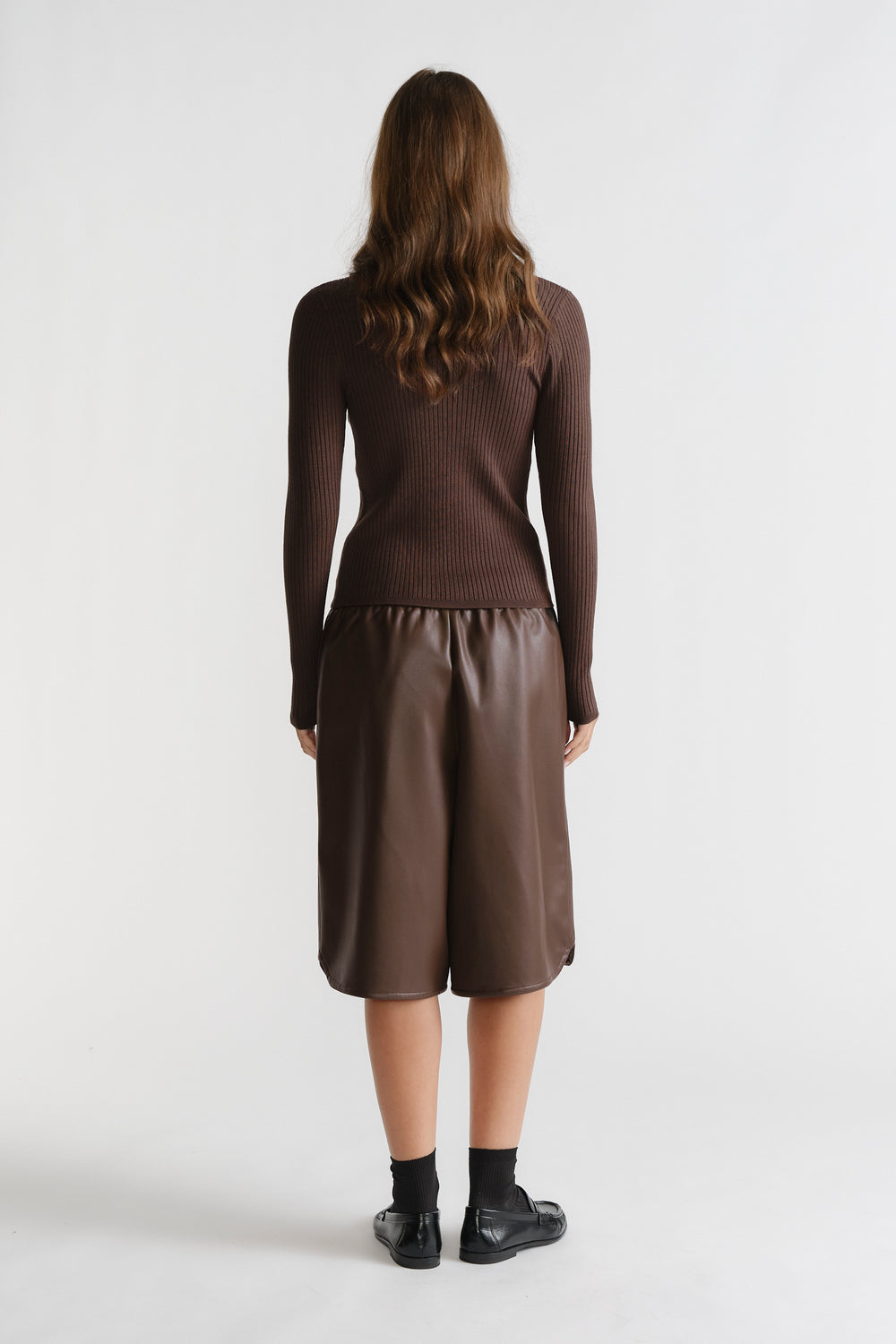D-Luxe Faux Leather Bermuda in deep chocolate brown with a relaxed fit and elastic waistband by DECJUBA Australian brand