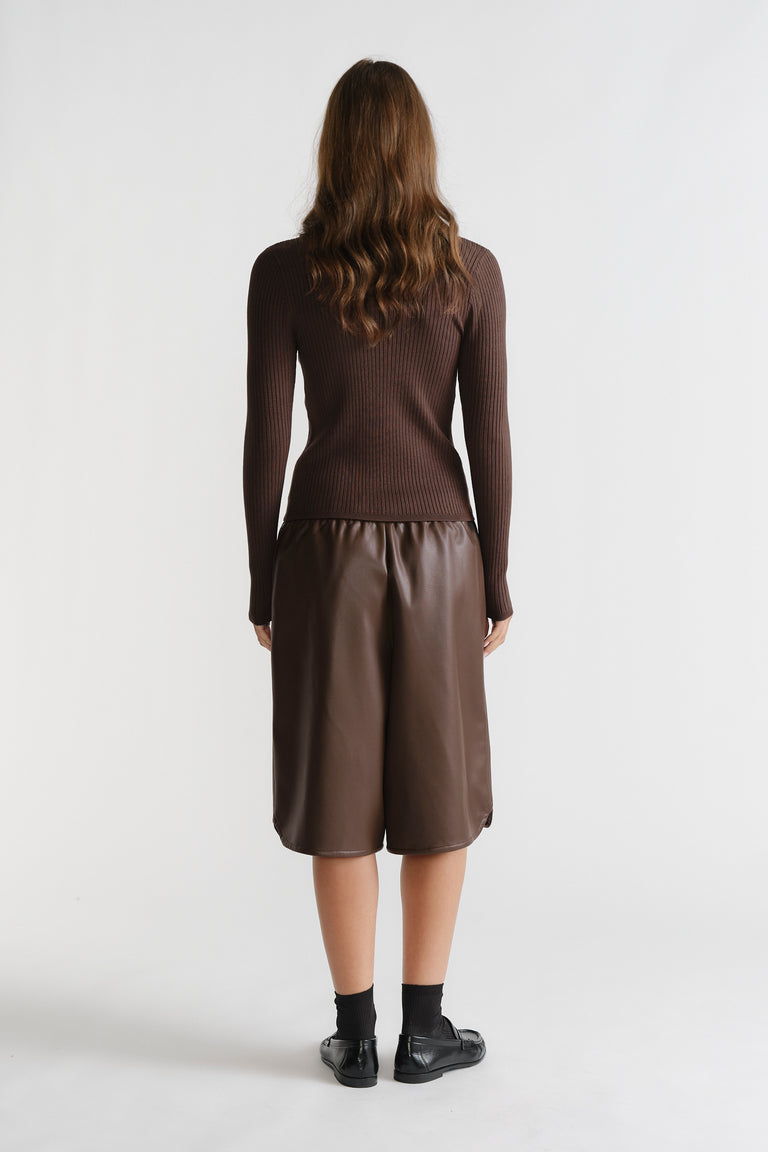 D-Luxe Faux Leather Bermuda in deep chocolate brown with a relaxed fit and elastic waistband by DECJUBA Australian brand