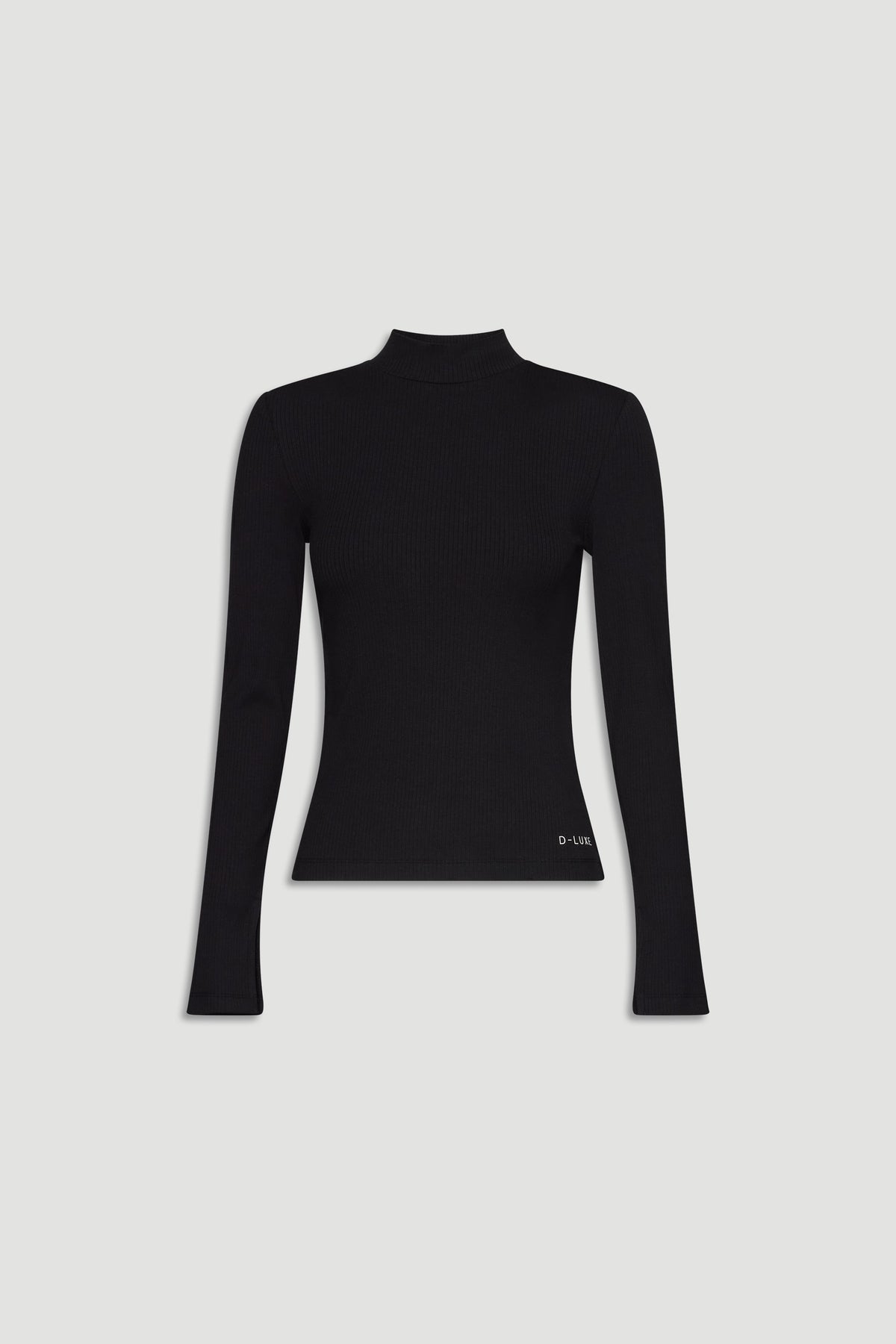 Black long-sleeve ribbed top with a subtle mock neck for a sleek, versatile layering piece.