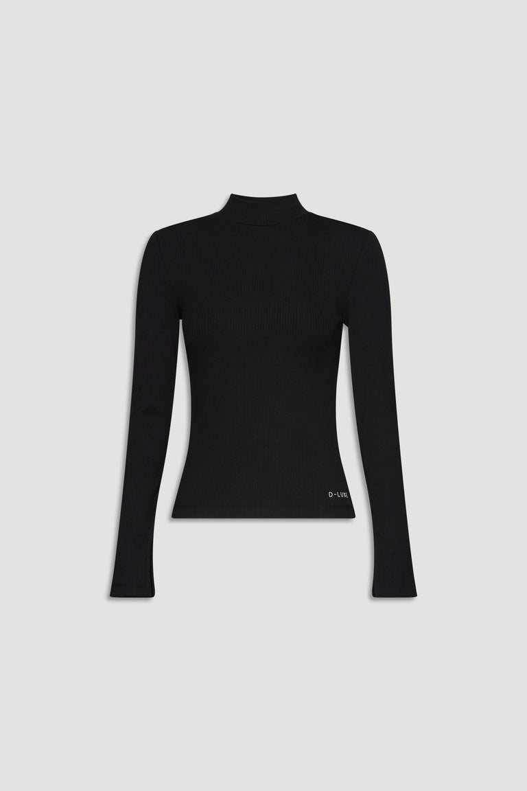 Black long-sleeve ribbed top with a subtle mock neck for a sleek, versatile layering piece.