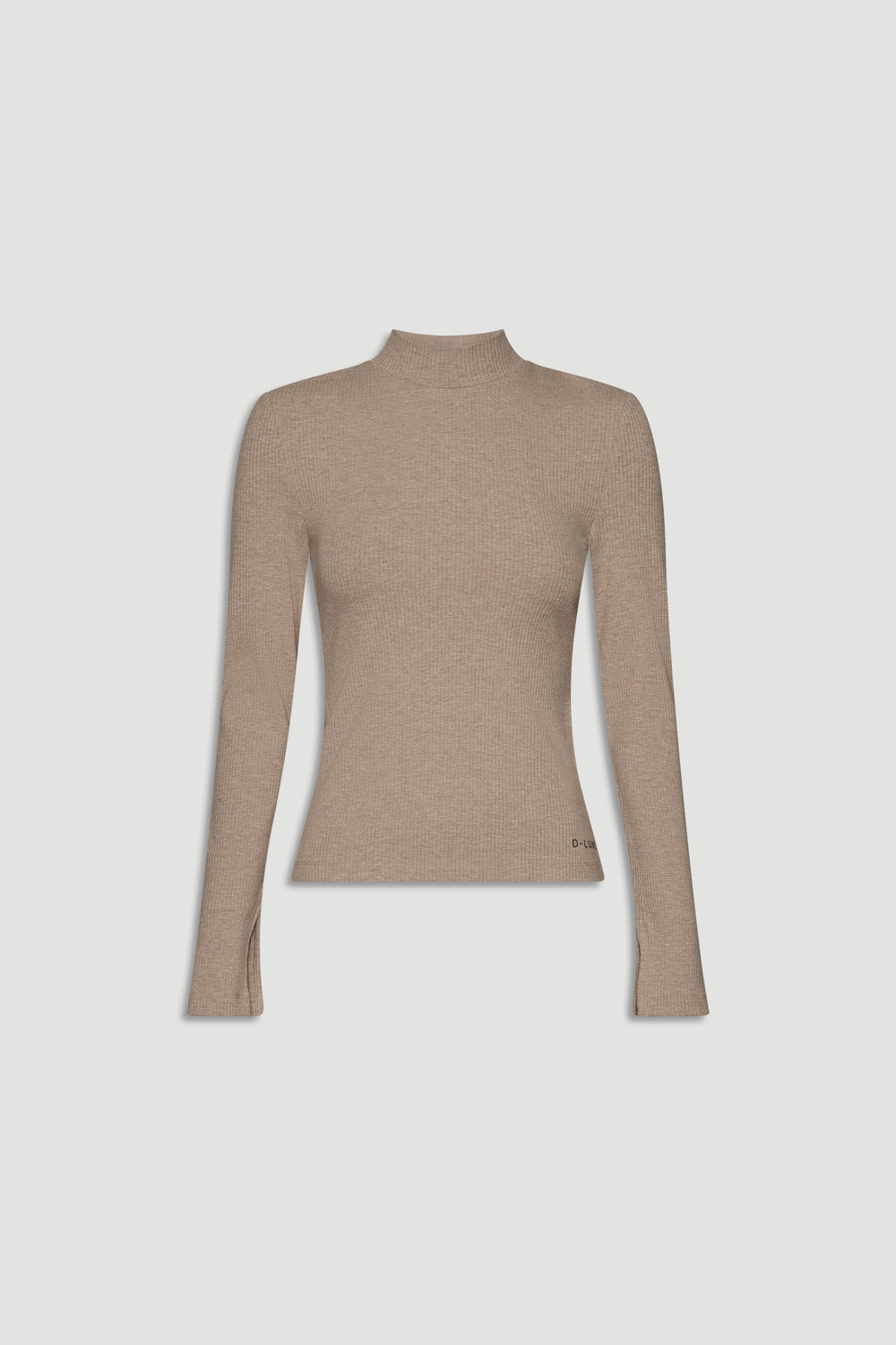 Neutral beige ribbed long sleeve top with a slim fit and high neckline for a refined everyday layering piece.