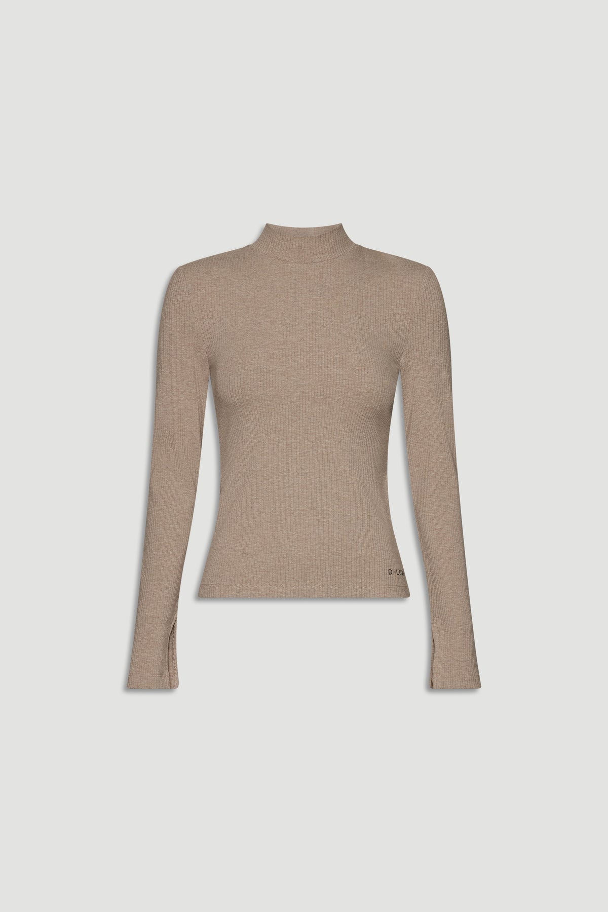 Neutral beige ribbed long sleeve top with a slim fit and high neckline for a refined everyday layering piece.
