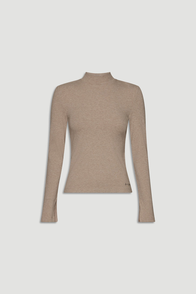Neutral beige ribbed long sleeve top with a slim fit and high neckline for a refined everyday layering piece.