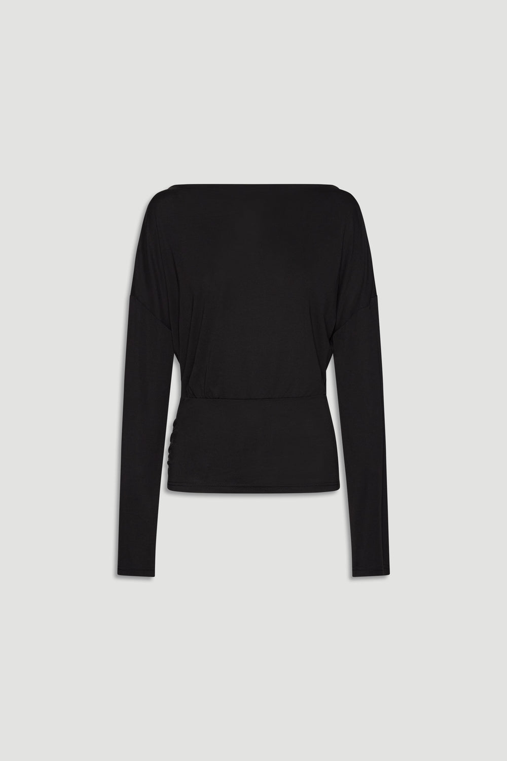 Black long sleeve top with a cinched waist, featuring a relaxed fit and sleek, versatile silhouette for everyday wear.