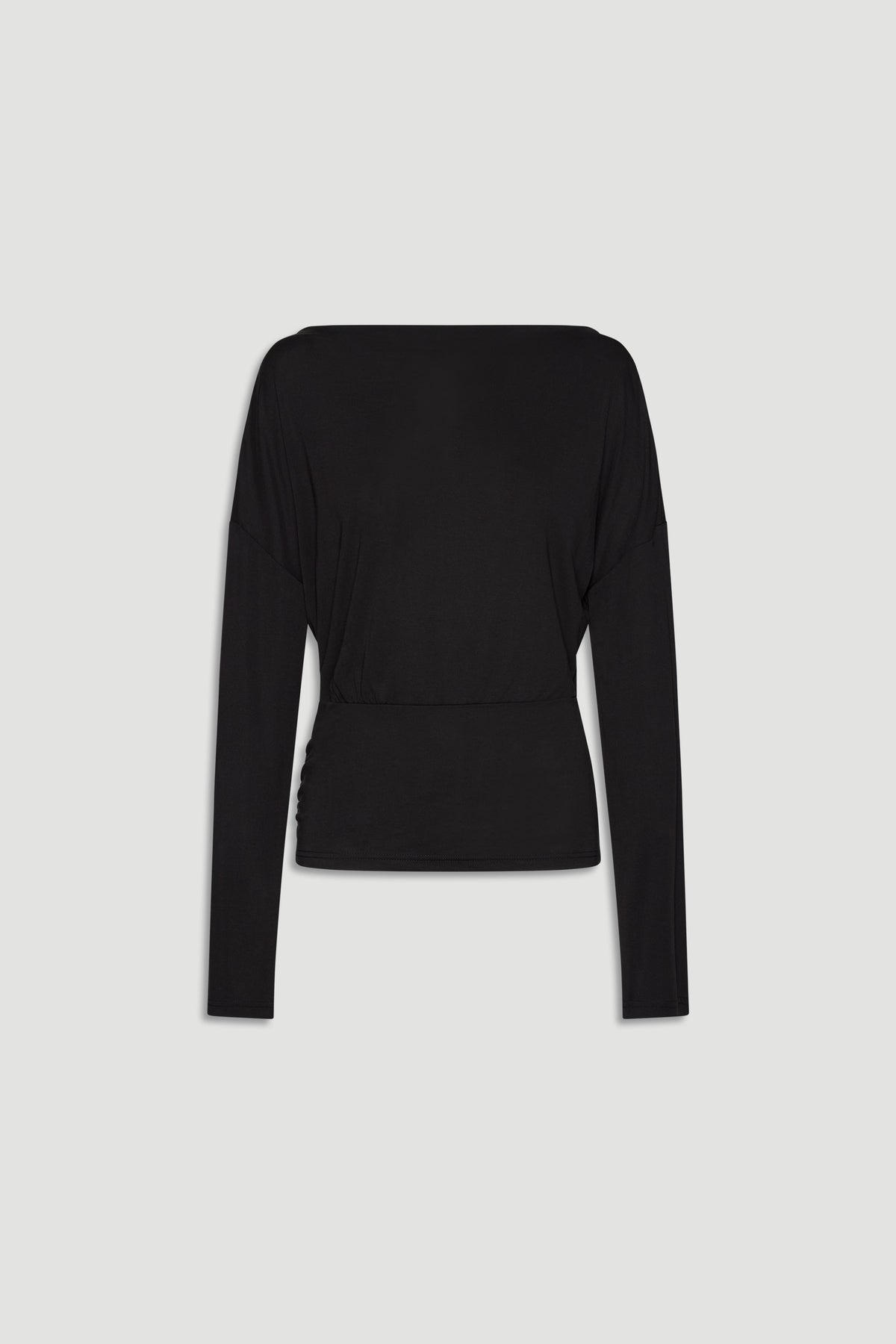 Black long sleeve top with a cinched waist, featuring a relaxed fit and sleek, versatile silhouette for everyday wear.