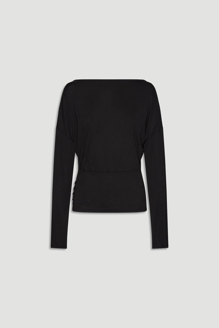 Black long sleeve top with a cinched waist, featuring a relaxed fit and sleek, versatile silhouette for everyday wear.