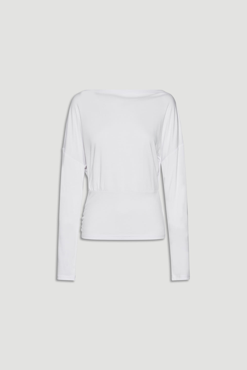 White long sleeve top with a cinched waist and relaxed fit, perfect for everyday versatile styling